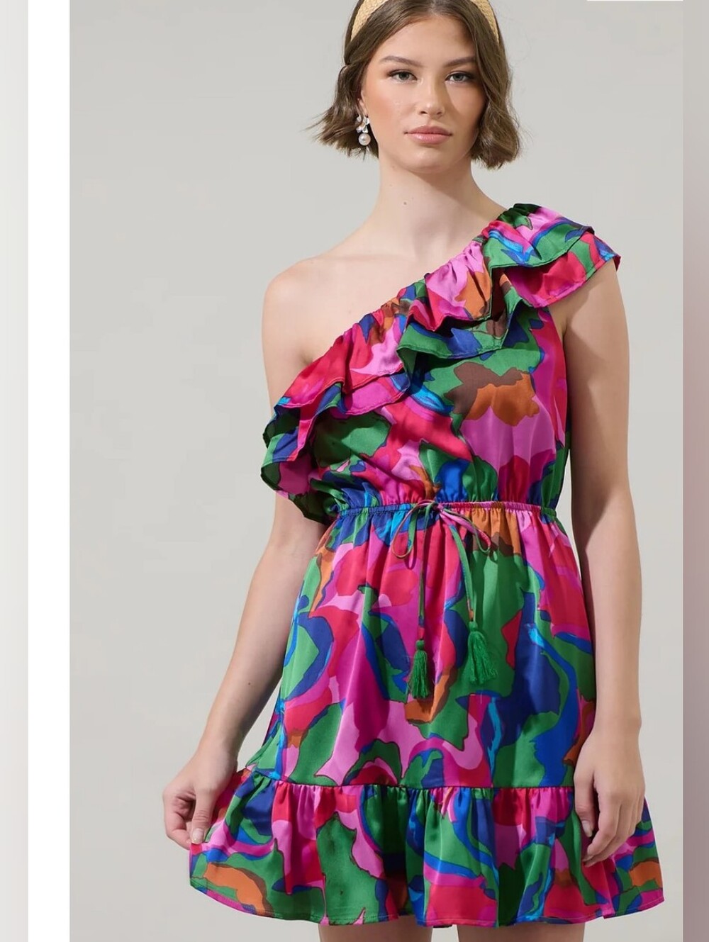 Sugarlips Evolet Floral Paradise Satin One Shoulder Mini Dress